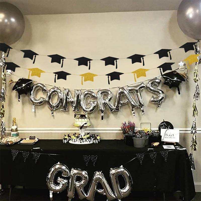 Black Gold Graduation Bachelor Hat Banner Paper Cap Garlands for School Celebrations 2024 Graduation Party Hanging Decorations