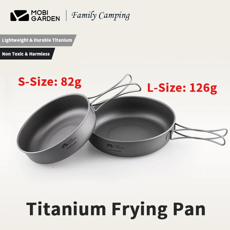 MOBI GARDEN Outdoor Cooking Tools Ultralight Folding Handle Titanium Frying Pan 1-2 Person Portable Steak Pan Picnic Kitchenware