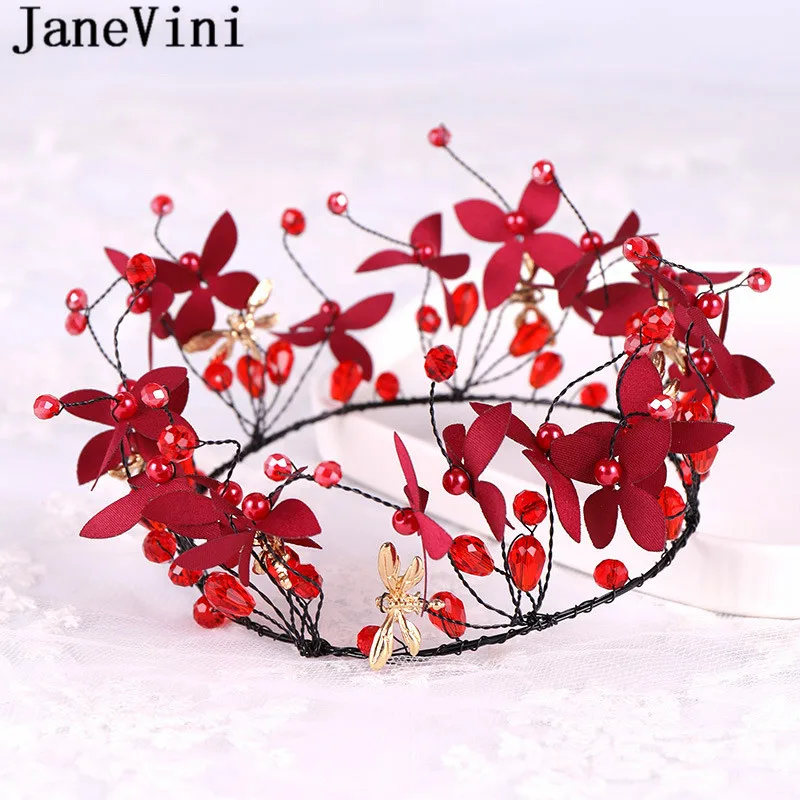 JaneVini Vintage Red Pearls Bride Crown 2020 Boho Beaded Leaves Bridal Tiaras and Crowns Gold Dragonfly Headband Hair Accessory