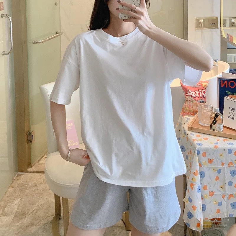 Pajama Sets Women Short Sleeve Tops and Shorts Summer Sleepwear Korean Style Simple Loose Daily High Quality Nightwear Pajamas