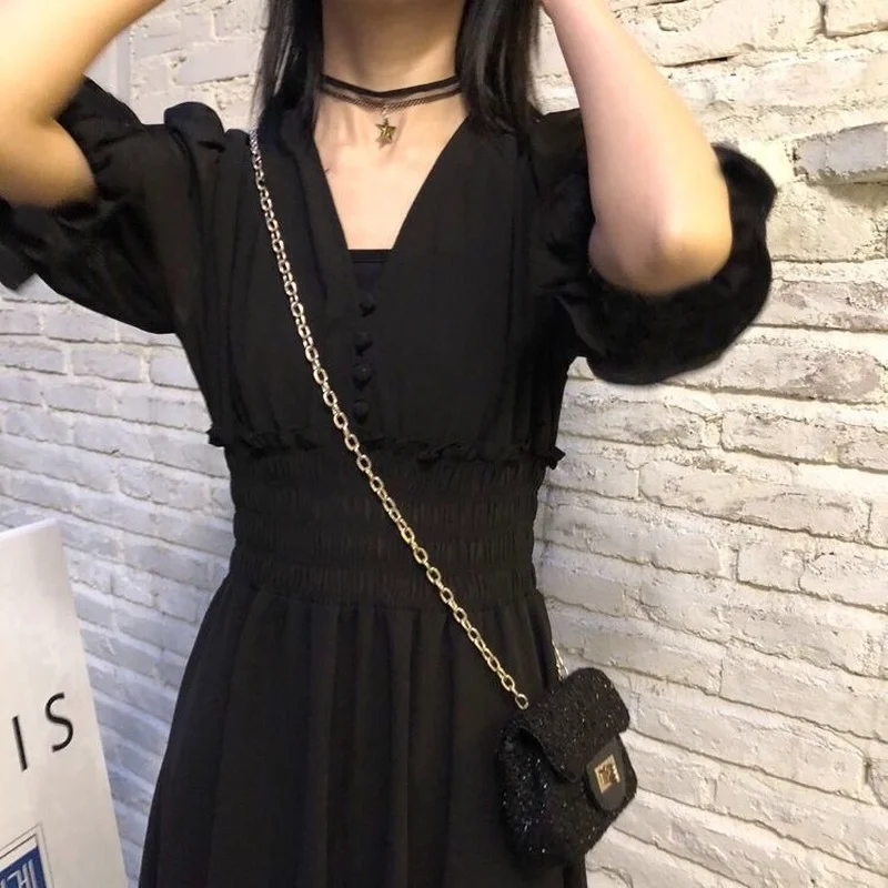 Women Black Dresses 5 Quarter Puff Sleeve V-neck Calf Length Vintage Female High Waist Summer Fashion New Dress Korean Daily Ins