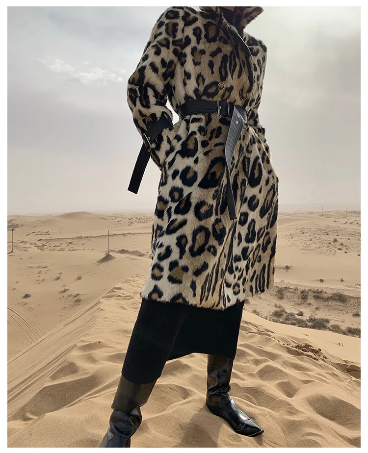 Lautaro Winter Long Leopard Print Warm Fluffy Faux Fur Trench Coat for Women Long Sleeve Double Breasted European Fashion 2021