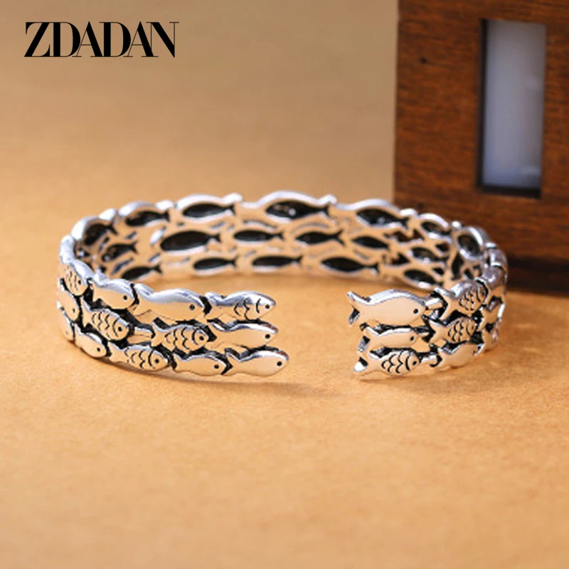 ZDADAN 925 Sterling Silver Cute Fish Open Cuff Bracelet&Bangles For Women Men Fashion Jewelry Gifts