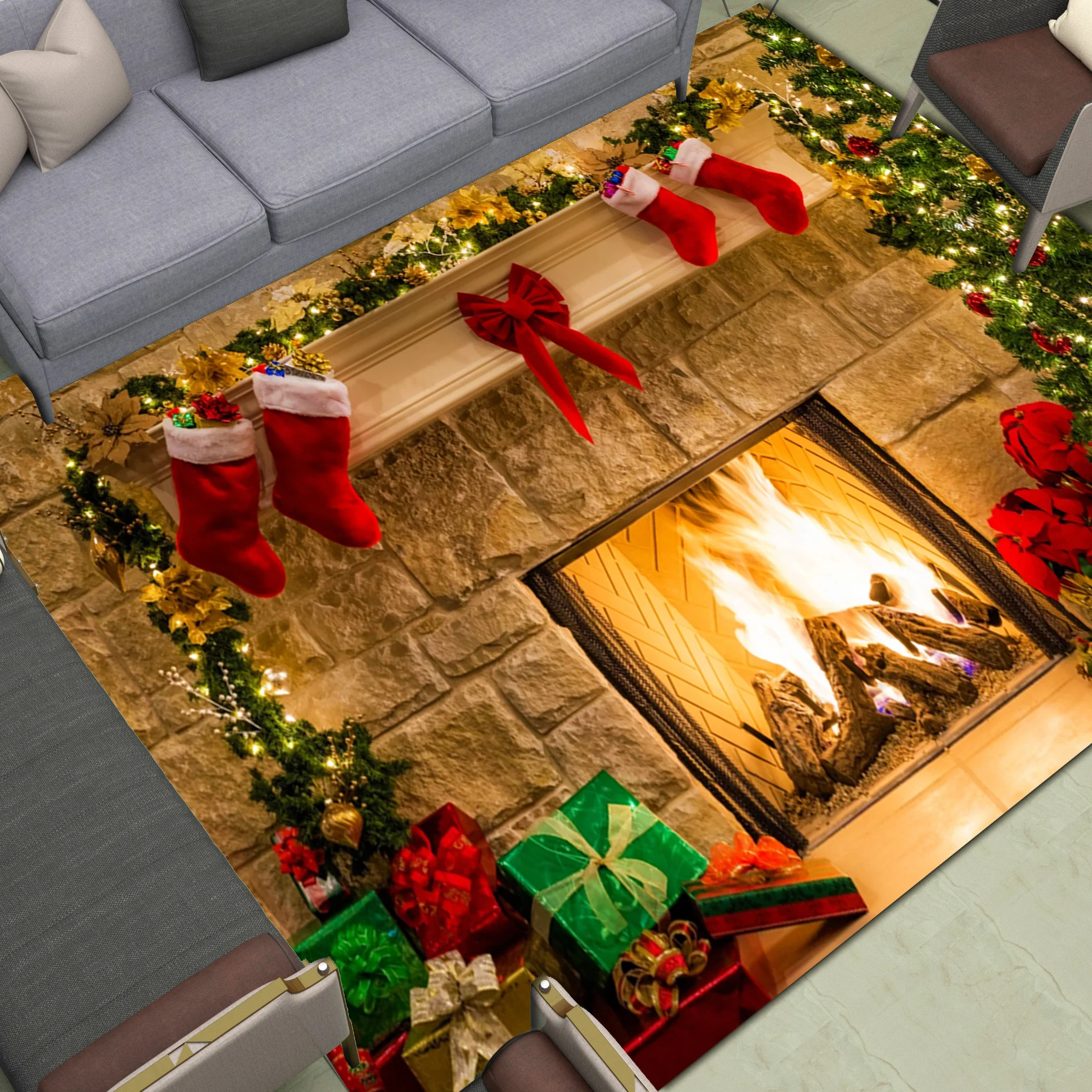 

Christmas Theme Area Rugs Large Home Living Room Bedroom Decoration Carpet Red Stockings Presents Fireplaces Floor Mats