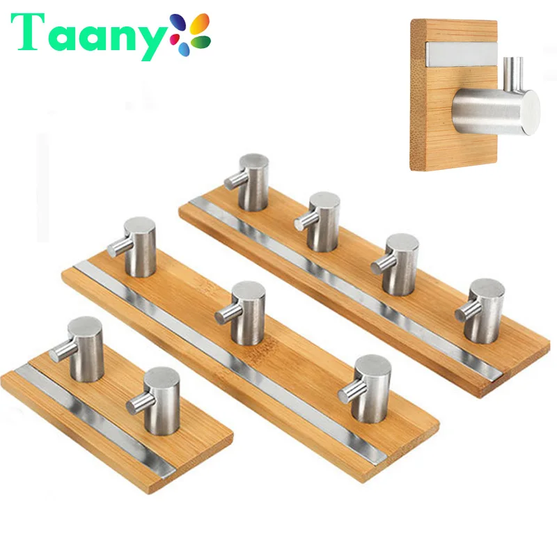 Bamboo Stainless Steel Wall Hook Self Adhesive Hook For Bathroom Kitchen Key Holder Wall Hanger Towel Coat Hook Door Hanger Rack