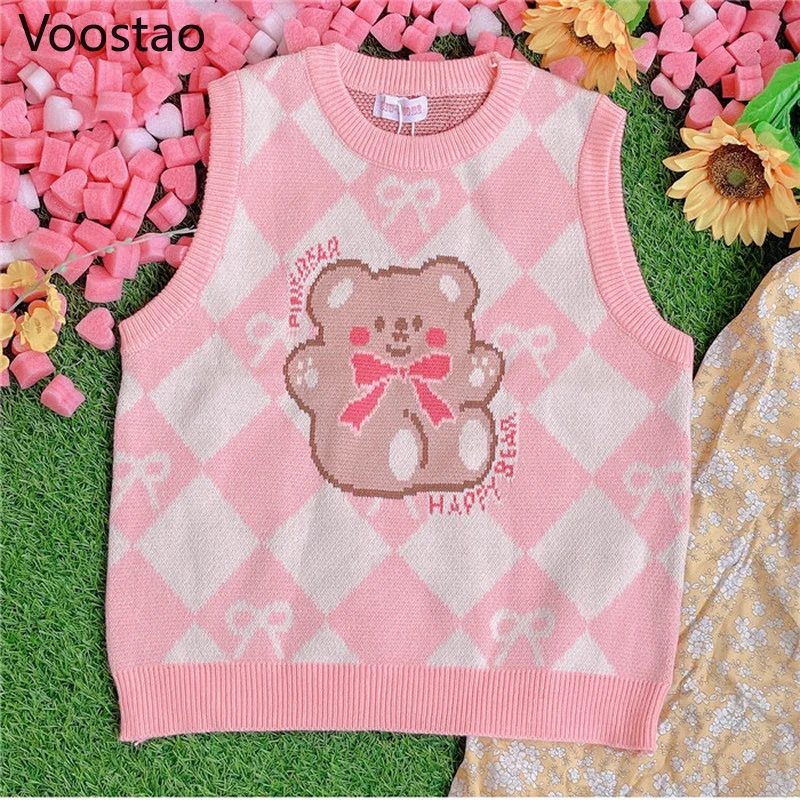 Japanese Cute Lolita Bow Baby Bear Jacquard Knitted Pullovers Spring Autumn Women Loose JK Sweater Vest Girly Sweet Waistcoat