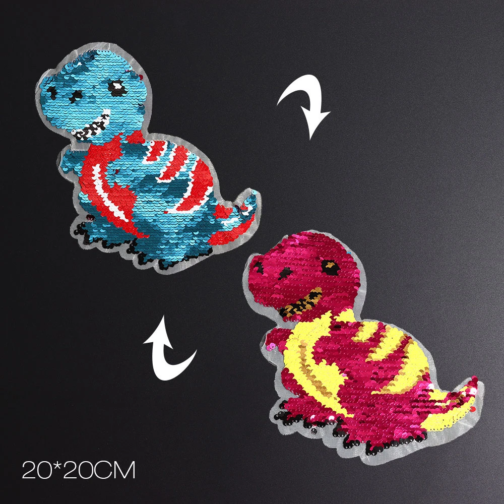 Cartoon Dinosaur Reverse Sequins Sew On Patches for Clothes Coat Sweater Embroidered Change Color Reversible Patch Appliques