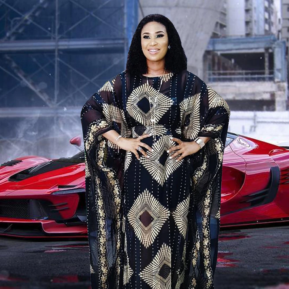 

African Design Loose Robe Abaya Dubai Quadrilateral Pattern Printing Muslim Dress Lady Party European Clothes American Clothing