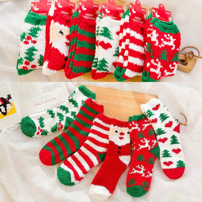 Qisin 1Pairs Women Socks Cotton Christmas Socks Winter New Year Santa Claus Christmas Tree Deer Colorful Kawaii Coral Wool Socks