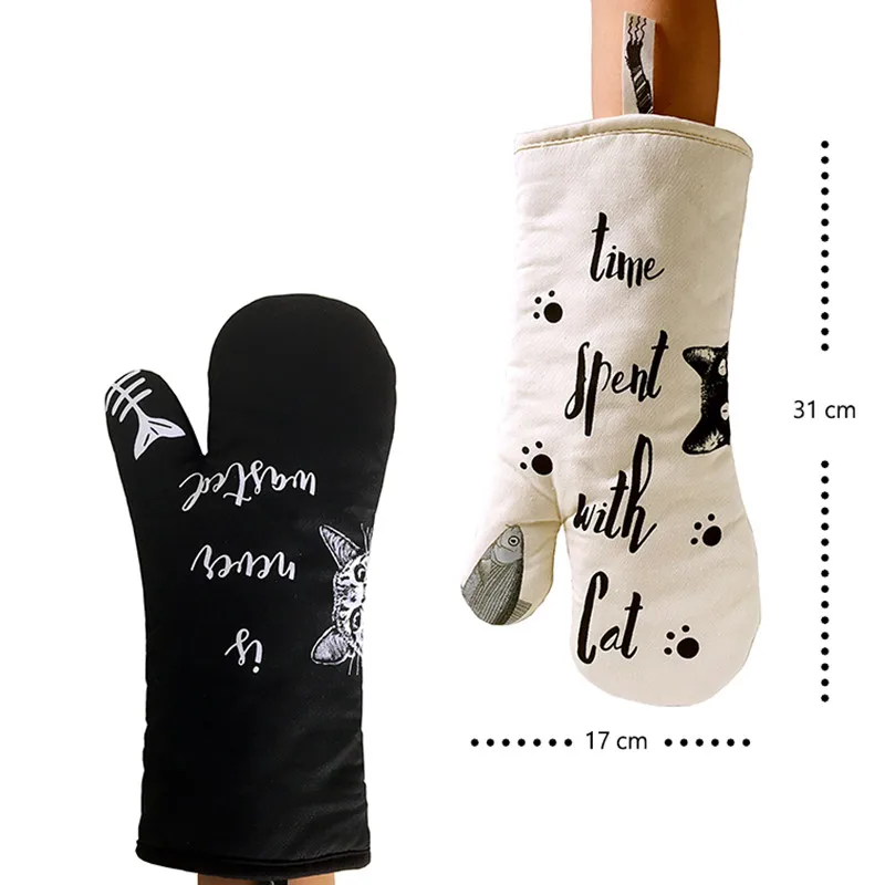 Kitchen Thicken heat resistant Oven Mitts White black cat cooking gloves Non-slip  baking gloves oven mittens home Cooking tool