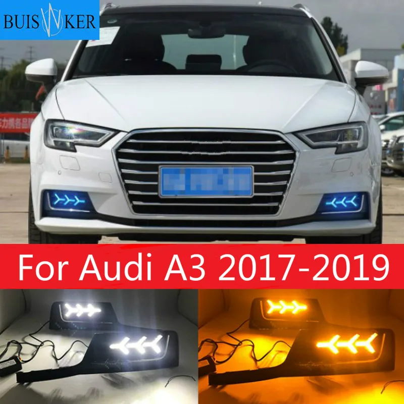 

1set 12V LED DRL Daytime Running Lights Daylight Fog light with yellow turn Signal For Audi A3 2017-2019