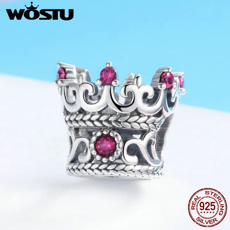 WOSTU Genuine 925 Sterling Silver Romantic Princess Crown Dangle Charms fit Silver Bracelet Necklace DIY Jewelry Making FIC739