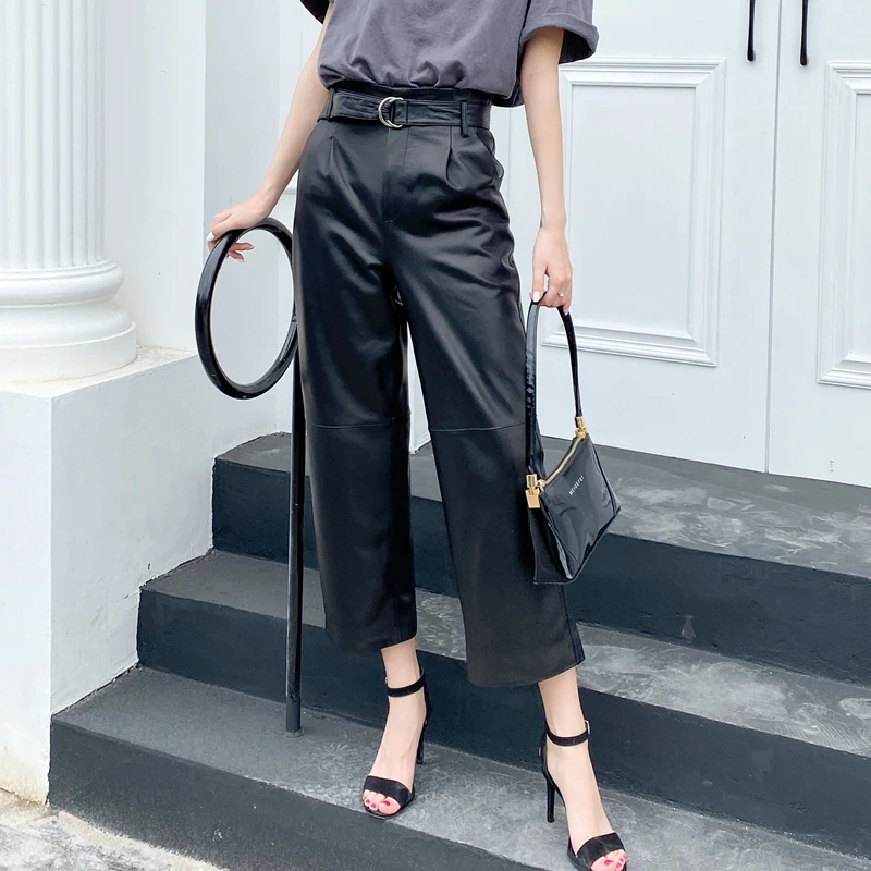 Women Genuine Leather Cropped Trousers Mujer Sheepskin Wide Leg Straight Pants Black High Waist Pantalon Pour Femme Belt Pockets