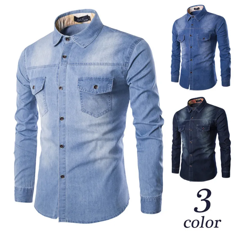 

Men's Washed Denim Shirt Long-Sleeved Slim Lapel Shirt 2021 Spring and Autumn Designer European American Plus Size Jacket Coat