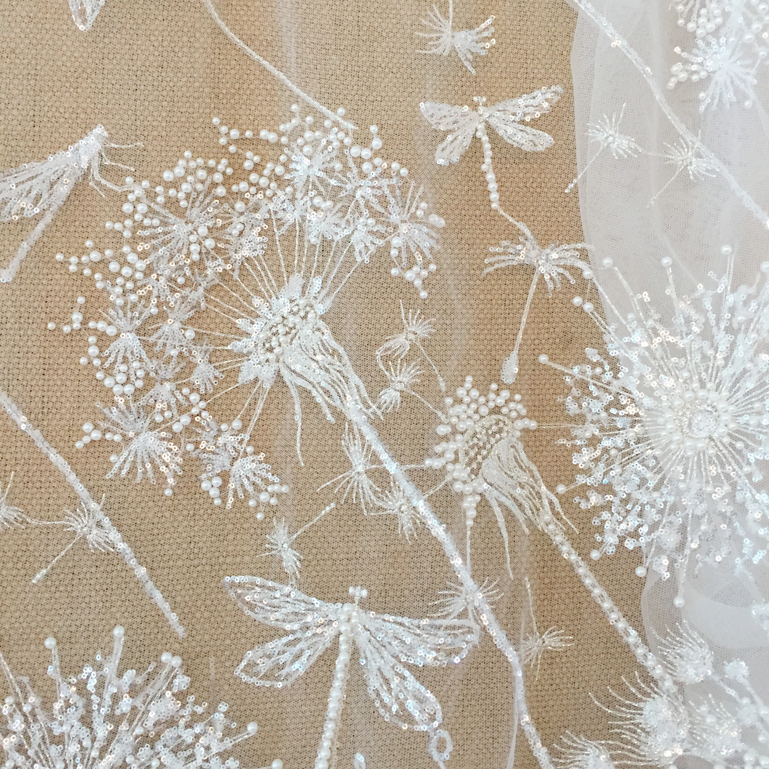 Ivory 3D Beaded Tulle Lace Fabric with Dandelion Dragonfly Haute Couture Weddiing Gown Beach Dress DIY Flower Fabric by Yard