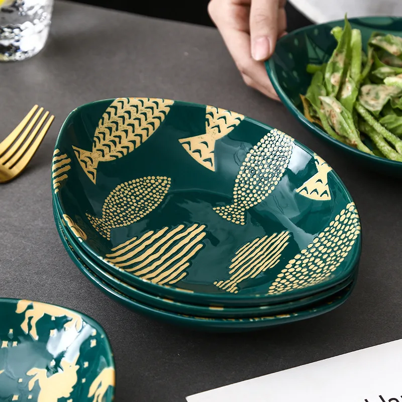 LingAo-Hand-painted Underglaze Color Ceramic Tableware, Japanese Creative Relief, Family Restaurant Dessert, Fruit Salad, oliv