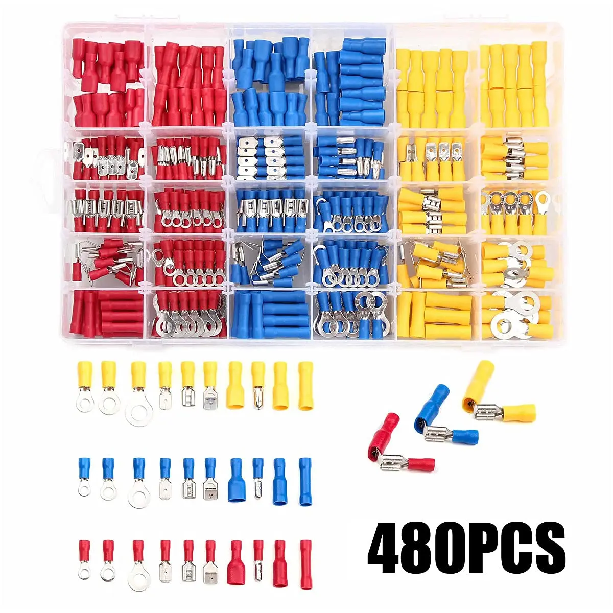 480PCS Insulated Wire Electrical Connectors Terminals Set Butt Bullet Spade Fork Ring Solderless Crimp Connectors Assortment Kit