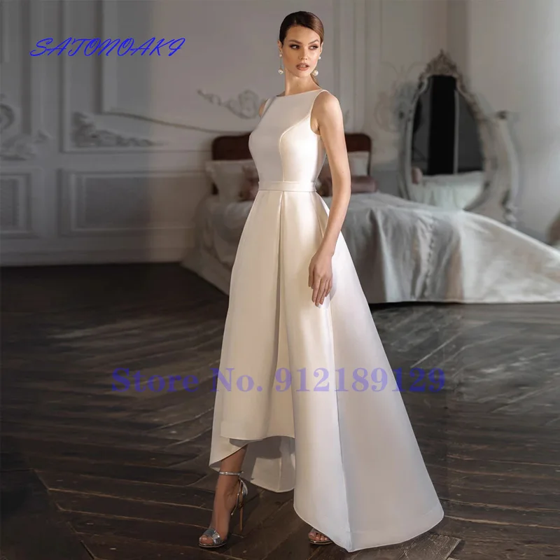 Vestidos De Novia 2024 Elegant Satin Wedding Dress Scoop Neck Sleeveless Backless Hi-Low Bridal Gown Robe Mariée France Online