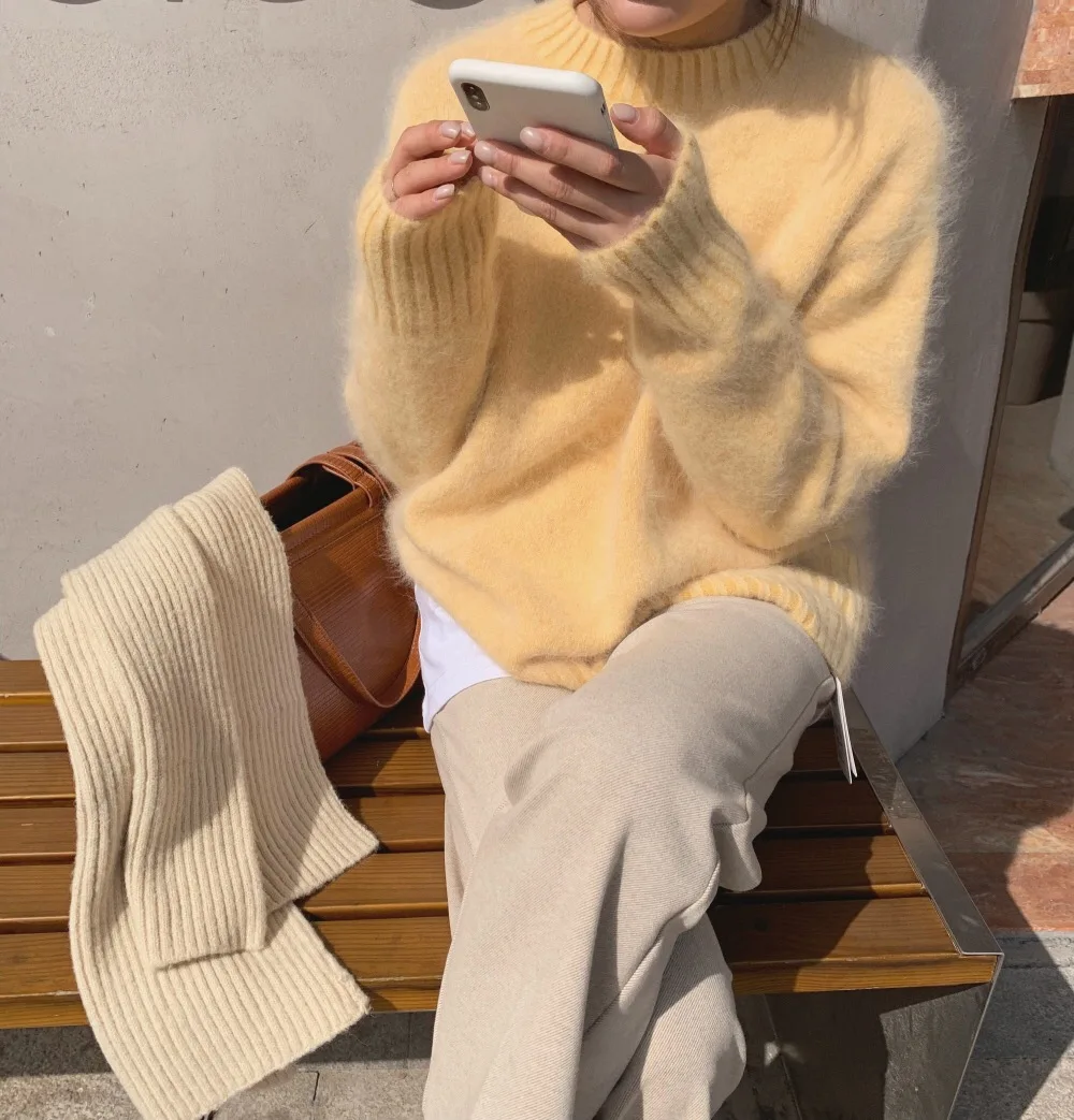 WTIANYUW New Korean Women Yellow Mink Cashmere Sweater Tops Fashion Autumn Winter Long Sleeve Knitted Soft Loose Pullovers Chic