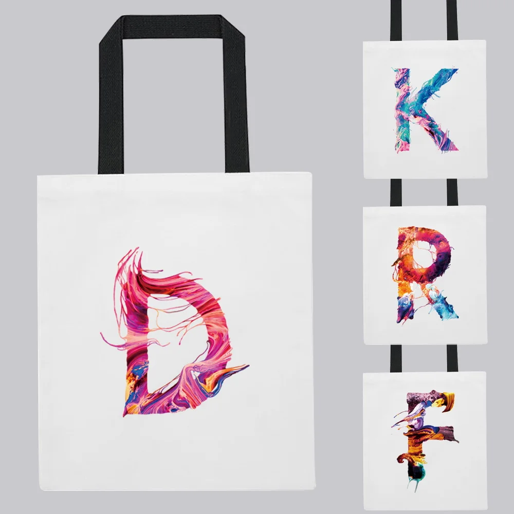 

Сумка для покупок, женская сумка, сумка через плечо, повседневная модная сумка с первоначальным именем, краска, 26-буквенная дорожная сумка с принтом, белая холщовая сумка