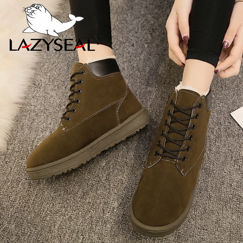 LazySeal Warm Plush Winter Boots Women Snow Boots Flat Heel Woman Shoes Round Toe Lace-up Footwear Big Size Ladies Woman Booties