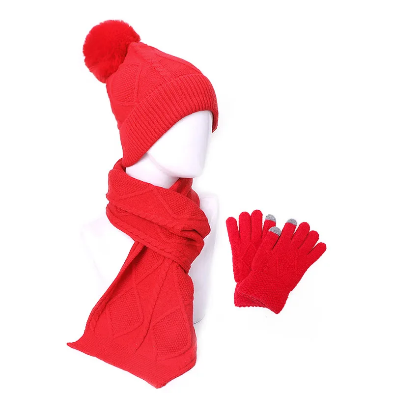 Women\'s Hat and scarf Gloves set three Pieces for Women Winter Kitted Wool hats for Girls Thick Warm Pom Hat scarf Glove Set