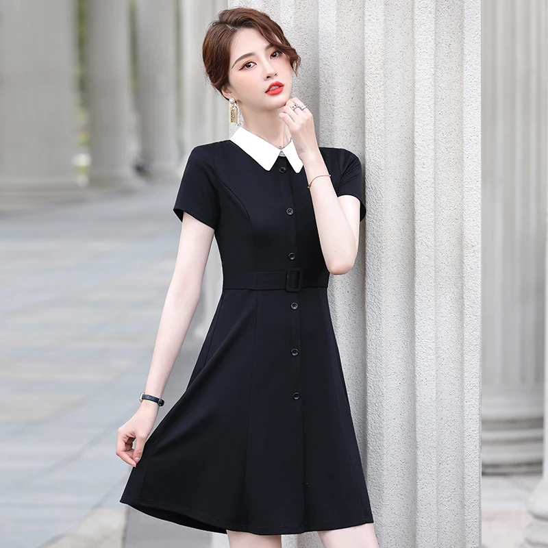 2021 Summer Elegant Blue Dresses Uniform Styles Dress for Women Business Work Wear Ladies Career Interview Dress with Belt