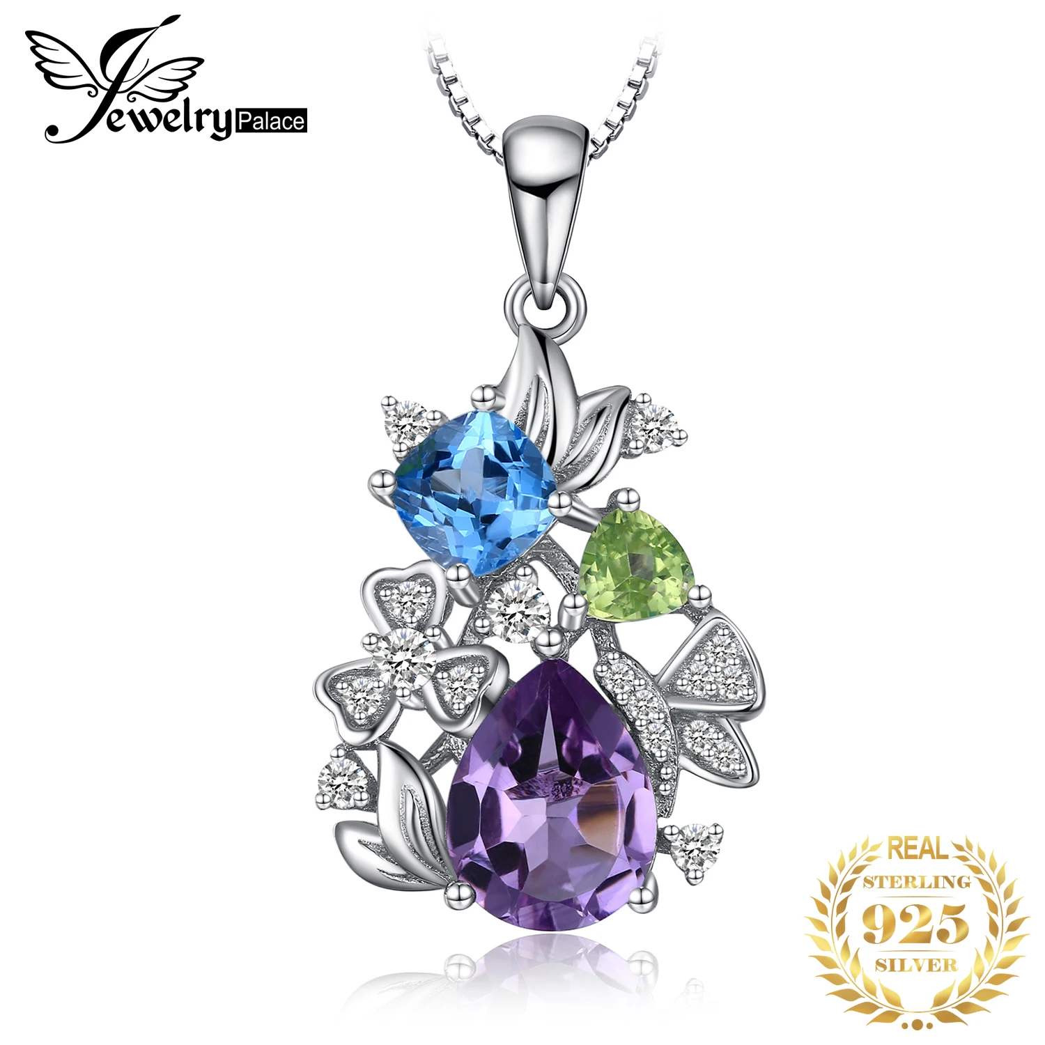 Jewelrypalace natural ametista azul topázio peridot cromo diopside flor pingente colar 925 prata esterlina mulher sem corrente