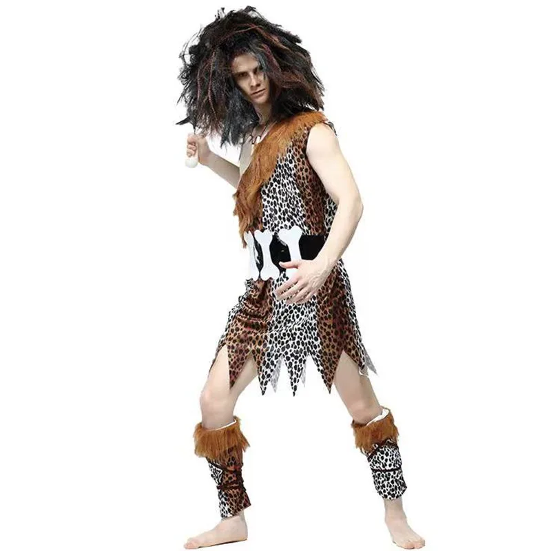 Costumes primitifs d'Halloween à imprimé léopard pour hommes, cosplay sauvage pour adultes, carnaval, défilé de Pourim, spectacle sur scène, jeu de bar, robe de soirée