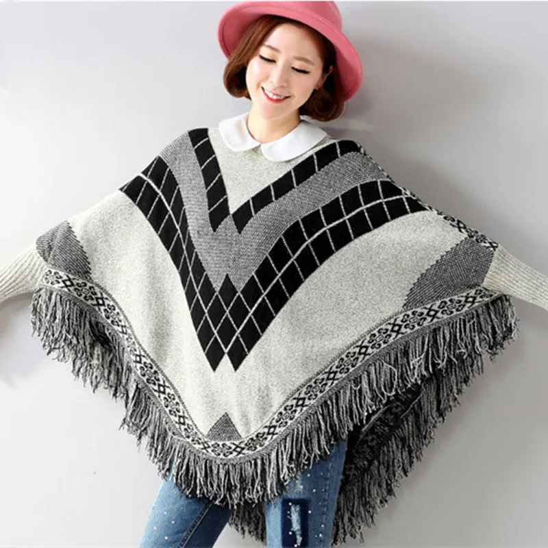 Clothes Women 2021 Winter Korean Fashion Kintted Vintage Sweater Print Cloak Long Pullover Ladies Autumn Warm Top LLT8510