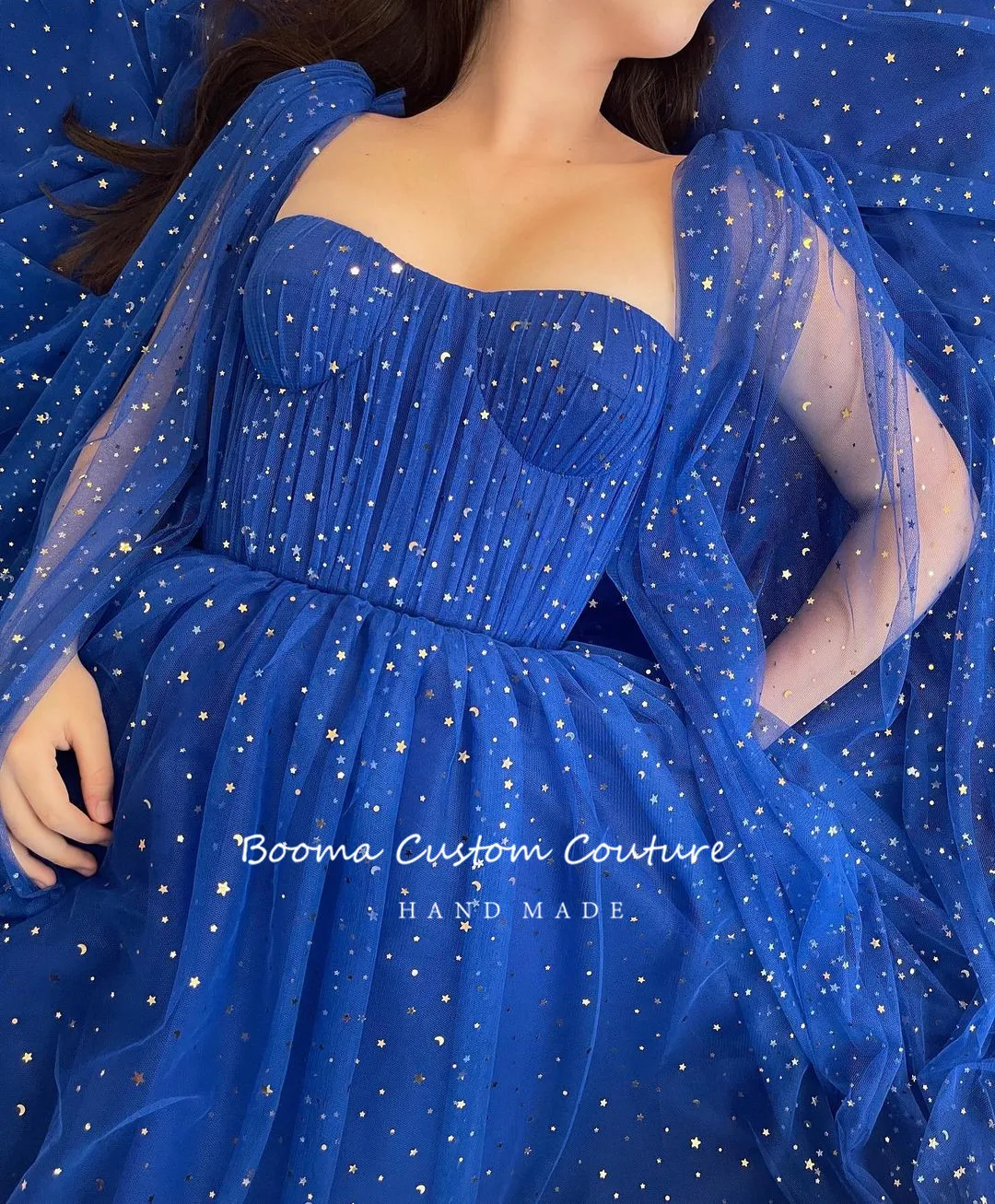 Booma Sparkly Royal Blue Starry Tulle Prom Dresses Long Cape Sleeves Sweetheart A-Line Formal Party Dresses 2022 Evening Gowns