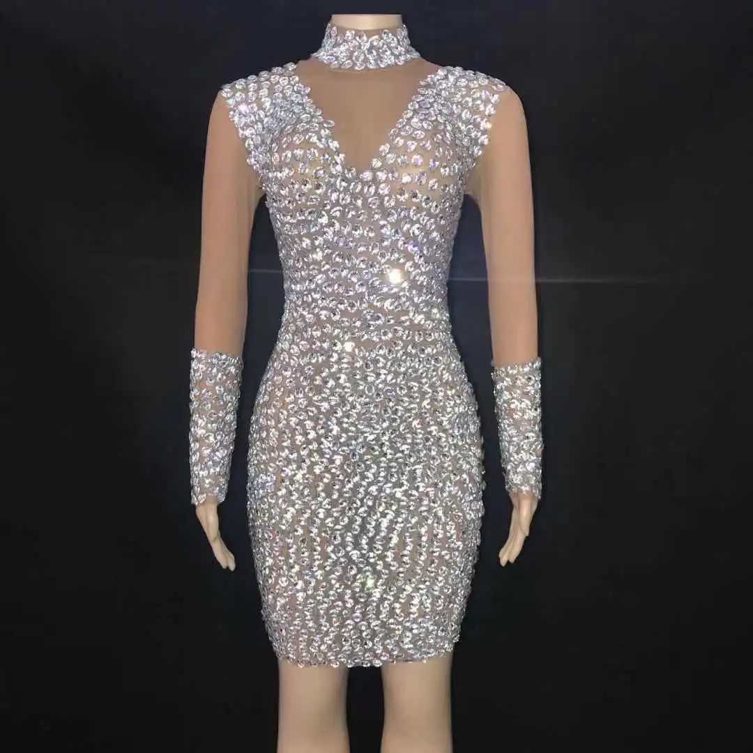 Stage Singer Host Mesh Dress Rhinestones Nude Transparent Short Dress Women Prom Birthday Celebration Crystals Stones Outfit