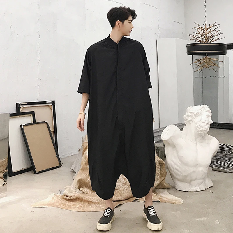 Summer men's trousers five point silhouette casual pants loose long sleeve one piece men's standing collar straight tube fashion