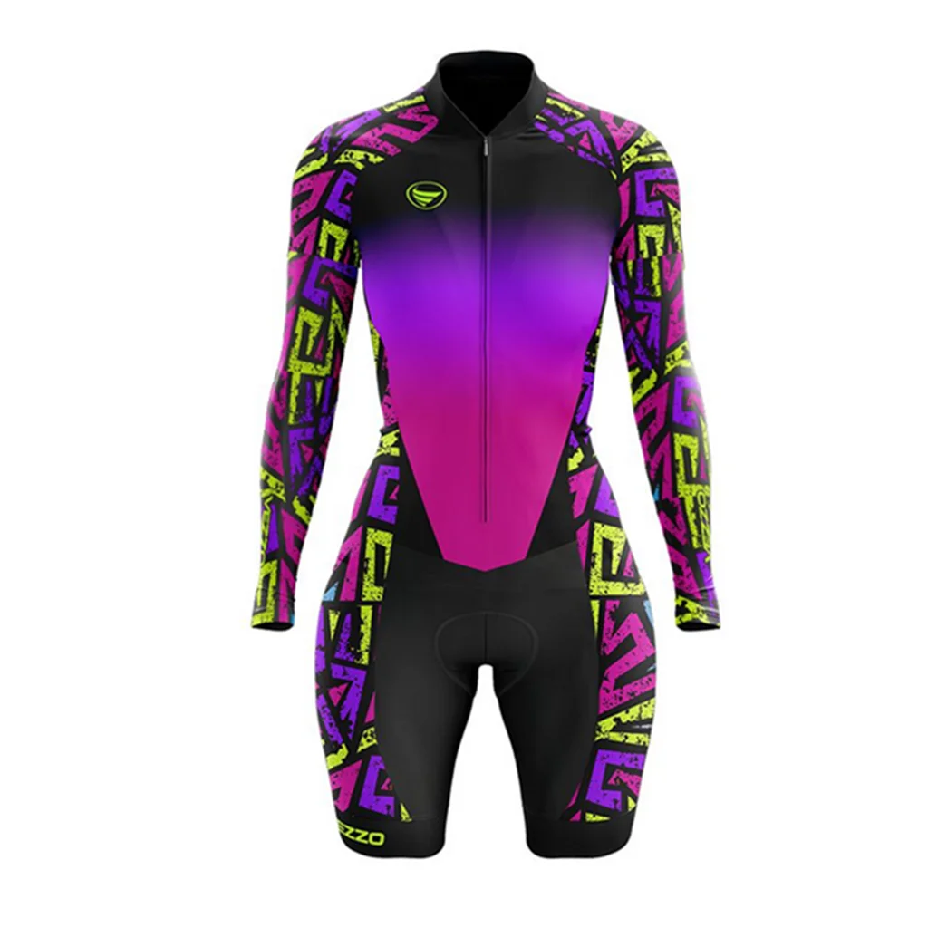 VEZZO Design Cycling Jumpsuit Womens Purple Long Sleeve Skinsuit Pro Team Suit Bicicleta Bodysuit Bike Clothing Ciclismo Maillot