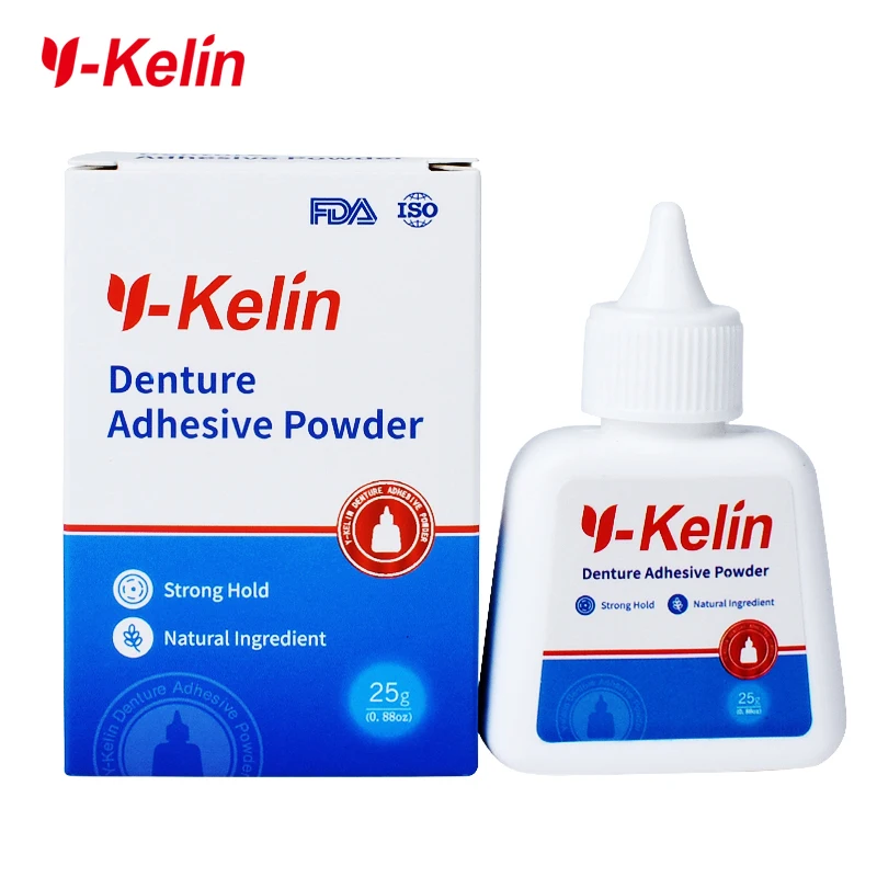 Y-kelin-polvo adhesivo para dentadura, 25g, pegamento alimentado, fórmula Original, sin Zinc, sujeción Extra fuerte para parte superior inferior,