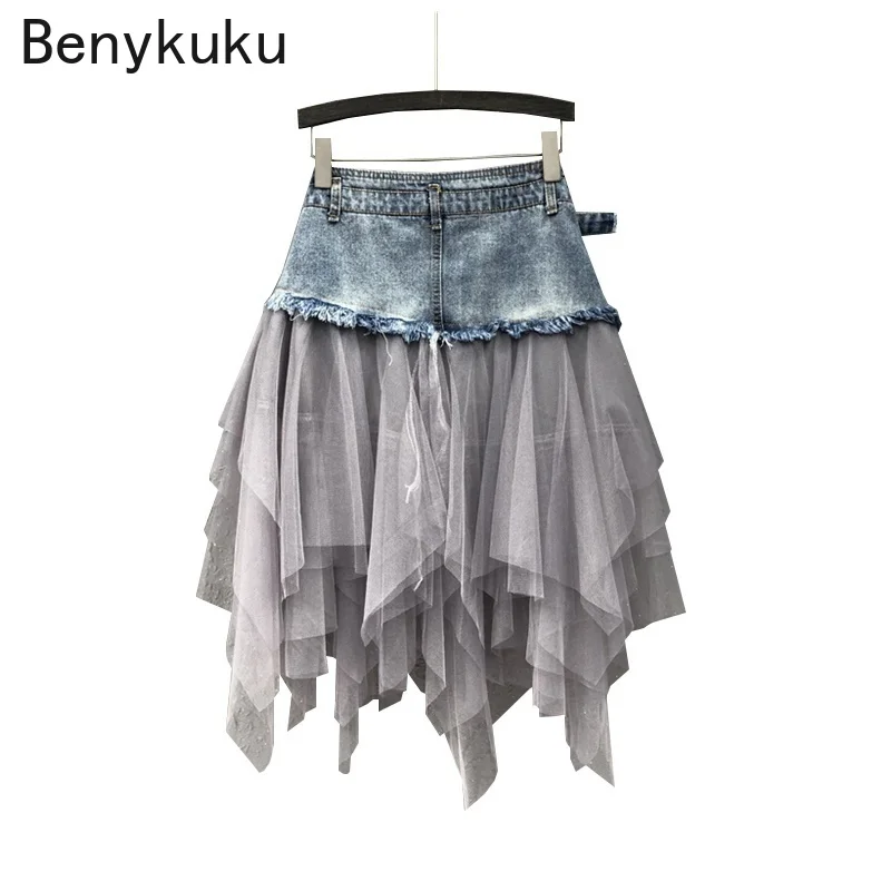 Punk Women Denim Jeans Mesh Patchwork Lace Skirt High Waist A Line Asymmetric Frill Tulle Pleated Midi Y2K Gothic Chic Skirts