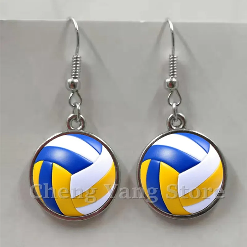 Anting Bola Bisbol Kasual Sporty Kaca Cembung Bulat Bola Voli Gambar Sepak Bola Anting Logam Hadiah Ulang Tahun