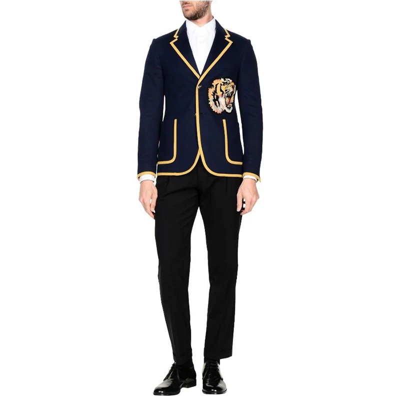 2 Piece Tiger Embroidered Jacket With Black Pants Chinese Stytle Groom Tuxedos Best Man  Wedding Suits Prom Dress(Jacket+Pants)