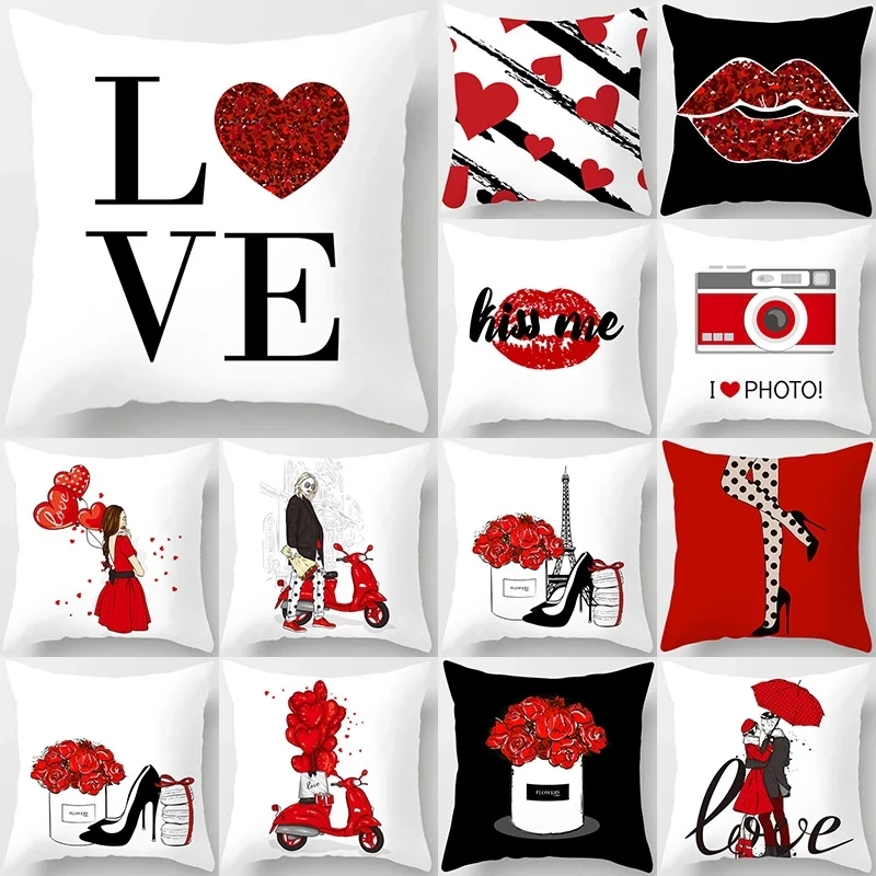 Valentine's Day Gifts Heart Love Red Lips Print Decorative Pillowcase Polyester Cushion Cover Throw Pillow Sofa Decoration