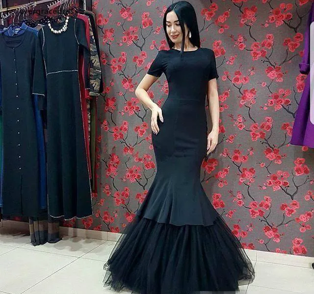 Black Colour Mermaid Evening Dress Short Sleeves Formal Party Dresses Women Wear With Tulle Skirt Vestidos de fiesta Plus Size