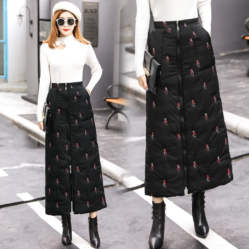 2020 Warm Winter Women Skirts Plus Size 4XL Long Zipper Fly Thicken A Line Embroidery Black Maxi High Waist Female Down Skirt