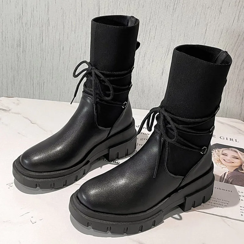 Women\'s Chunky Heels Mid-calf Boots Nice Stretch Fabric Ladies Shoes Female Autumn Footwear Pop Casual Platform Woman Boots