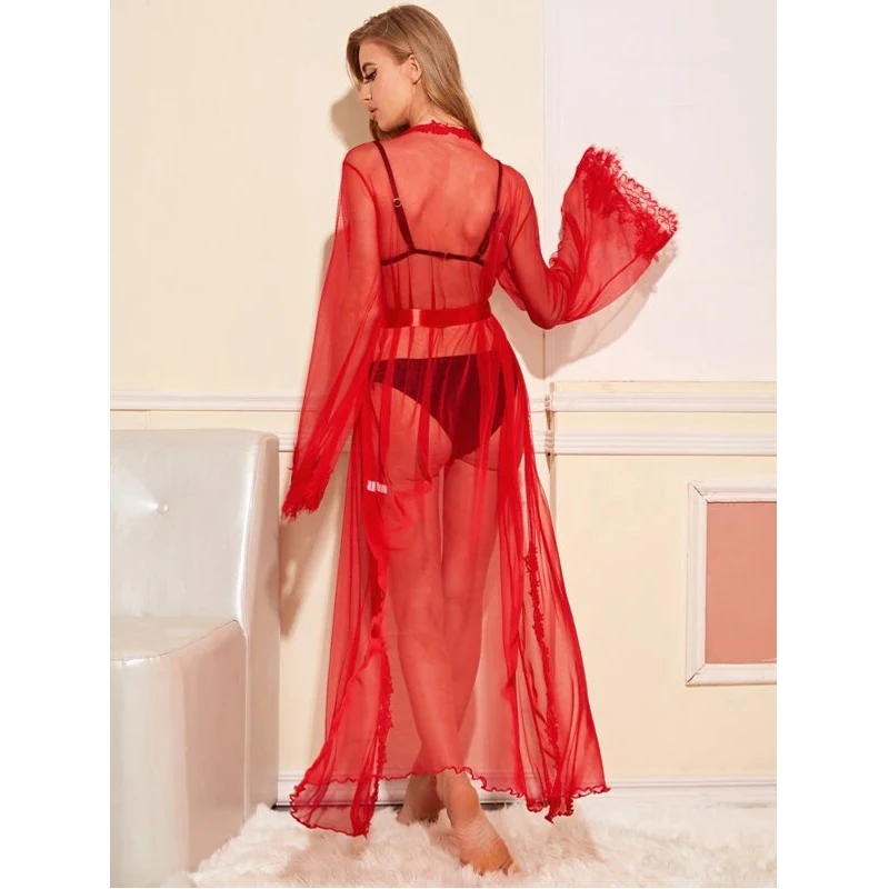 Sexy Transparent Long Sleeve Black Long Dress See Through Womens Kimono Bride Sleepwear Nightwear Women Mesh Bathrobe Lingerie