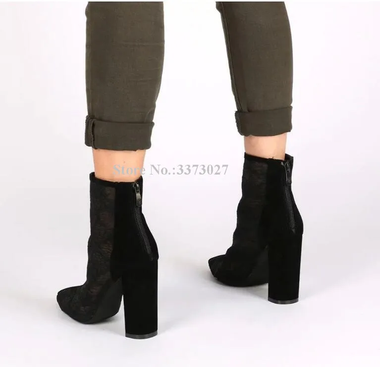 Botas cortas de tacón grueso para mujer, botines de estilo Gladiador, con malla de retales, puntiagudas, talla grande