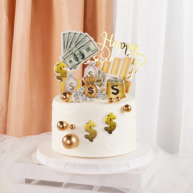 ins Dollar Happy Birthday Cake Topper gold Acrylic Birthday CupCake Toppers For Kids Party gift Dessert Decoration Baby Shower