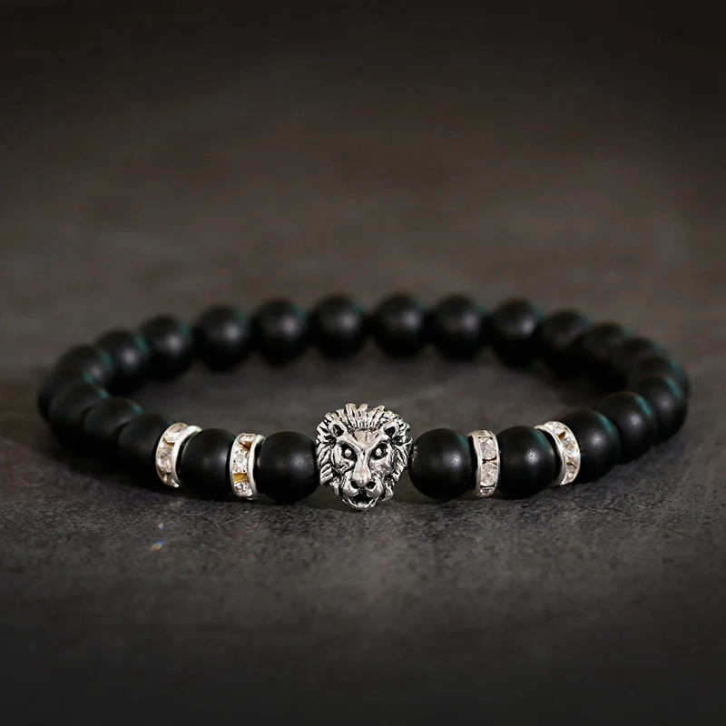 Classic Lion Bracelet Men Fashion Black Matte Stone Handmade Beaded Charm Bracelet Men Jewelry Pulsera Hombre