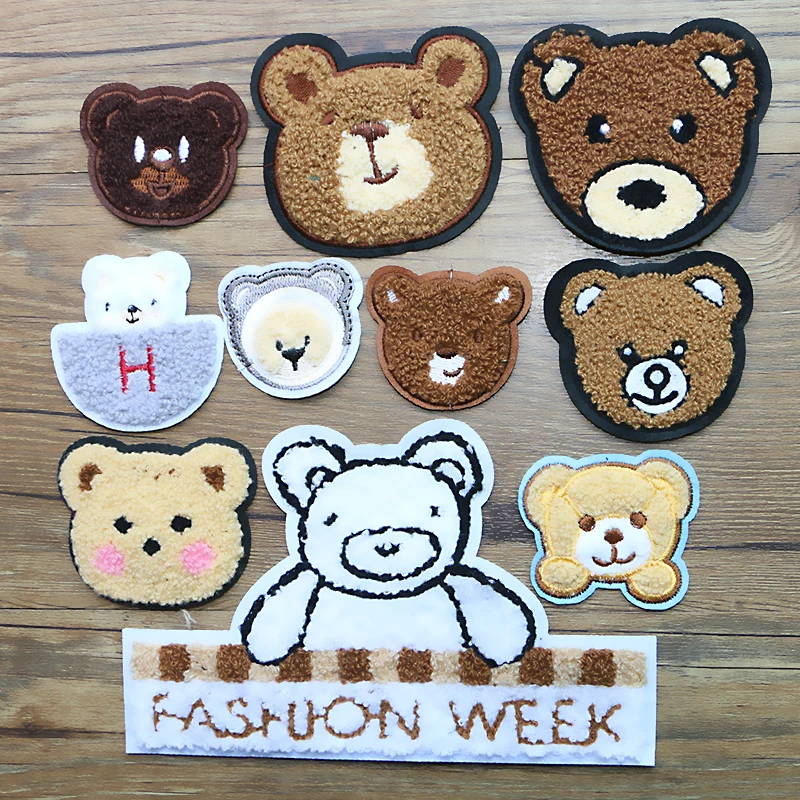 Cute Fashion Brown White Bear Chenille Icon Towel Embroidery Applique Patches for Clothing DIY Sew up Badge on the Backpack