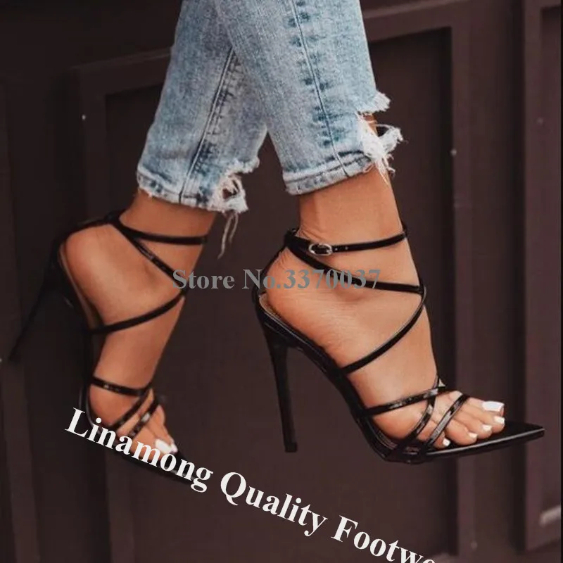 Linamong Sexy Thin Straps Cross Stiletto Heel Gladiator Sandals Black Red Patent Leather Thin Heel Sandals Wedding Dress Shoes