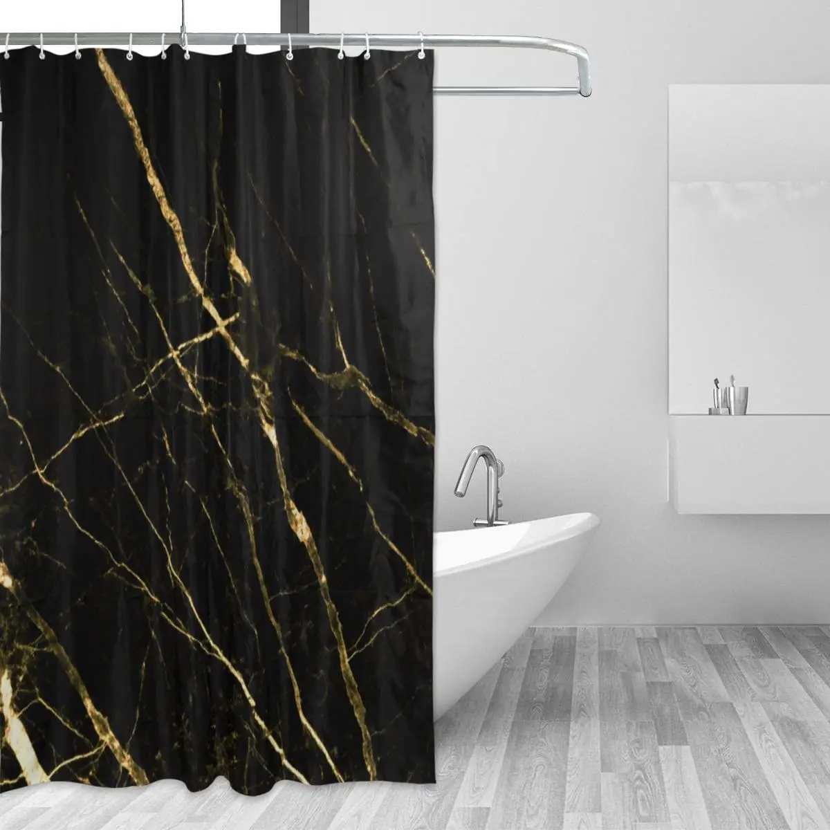 Black Gold Marble Shower Curtain Waterproof Polyester Bath Curtian with Hooks