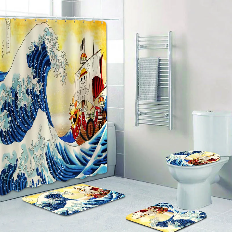 The Great Wave off Kanto Kanagawa Japanese Anime Bathroom Curtains Shower Curtain Set for Toilet Bath Mat Rugs Carpet Home Decor